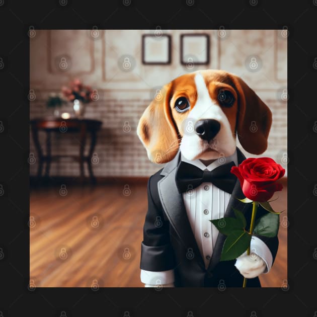 Beagle dog in formal tuxedo carrying red rose by nicecorgi