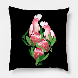 Pair of Pretty Pink Cockatoos with Proteas Pillow