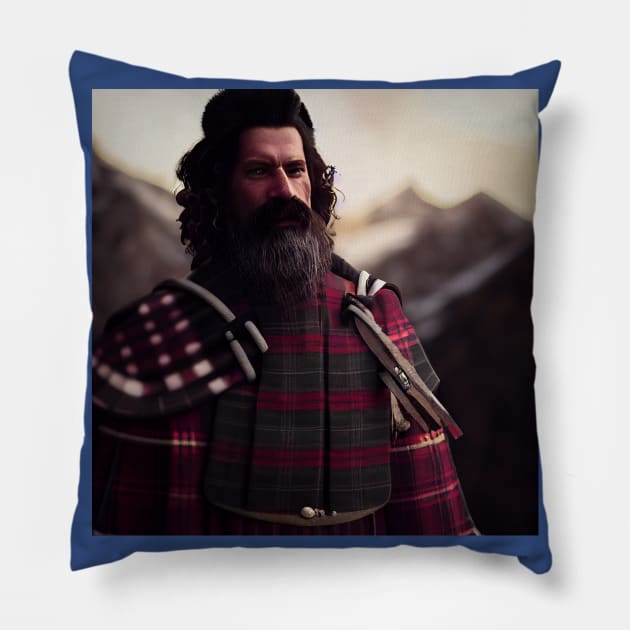 Scottish Highlander in Clan Tartan Pillow by Grassroots Green