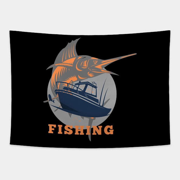 marlin fishing and boat orange Tapestry by lmdesignco