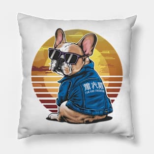 A vibrant vector illustration of a French Bulldog wearing sunglasses and a blue jean jacket, embodying a carefree Pillow