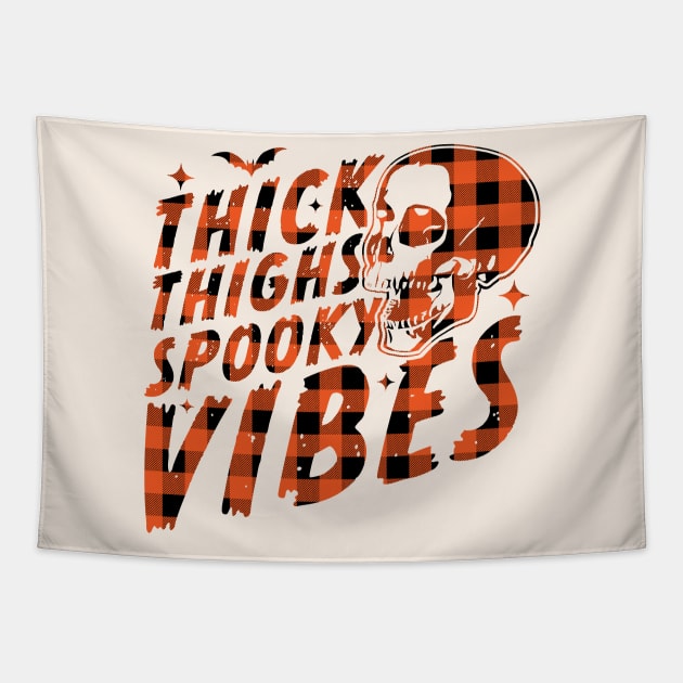 Thick Thighs Spooky Vibes Funny Halloween Skull Orange Plaid Tapestry by OrangeMonkeyArt