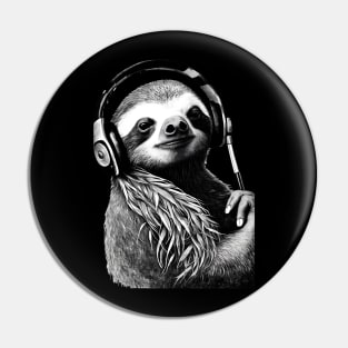 Sloth Drawing in Black and White Listening to Music Pin