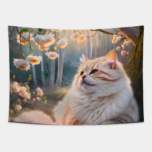 White fluffy cat rest peacefully in the floral nature Tapestry