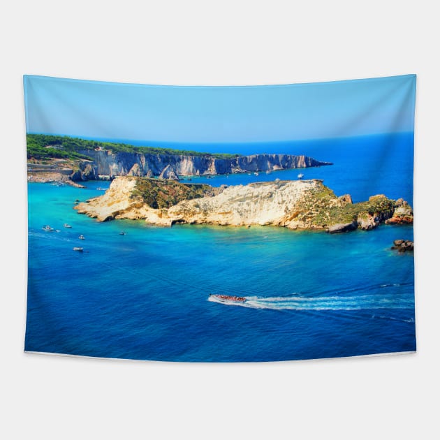 Panorama from Tremiti Islands with a motorboat cruising the Adriatic Sea, island and ridge Tapestry by KristinaDrozd