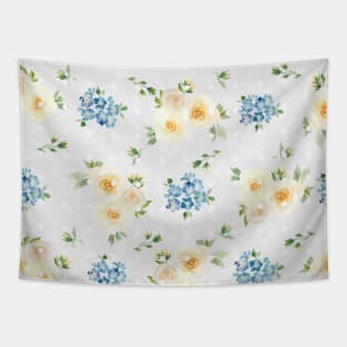 White Roses Blue Forget Me Nots Polka Dots on Grey Abstract Floral Tapestry