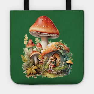 Tiny Girl and Her Mushroom House in Wonderland Tote