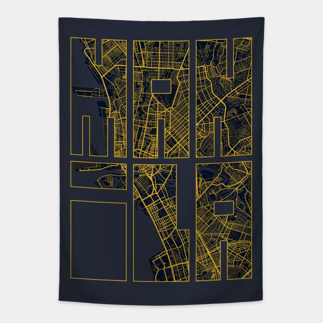 Manila, Philippines City Map Typography - Gold Art Deco Tapestry by deMAP Studio