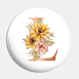 Watercolor sunflower bouquet wedding monogram letter L gift Pin