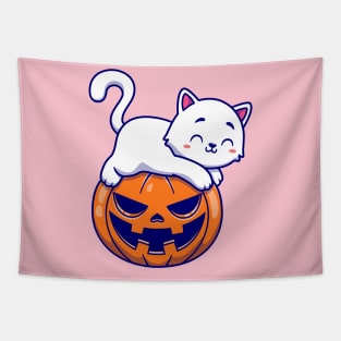 Cute Cat Laying On Pumpkin Halloween Cartoon Tapestry