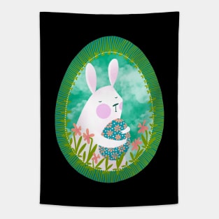 Cute white bunny with floral easter egg decoration on blue sky, version 4 Tapestry