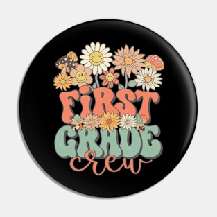 First Grade Crew Retro Groovy Daisy Back To School Funny Teacher Girls Pin