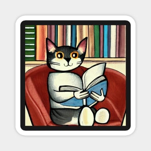 Grey Cat Reading In The Library Illustration Magnet