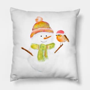 cute Christmas snowman and robin watercolor Pillow