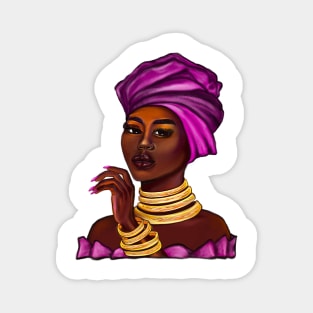 side eye Queen  Black is beautiful black girl with Gold bangles, neck ring necklace, purple dress and head wrap, brown eyes and dark brown skin ! Magnet