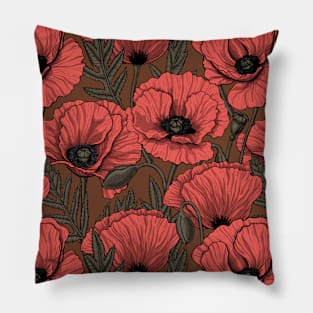 Poppy garden in coral and brown Pillow