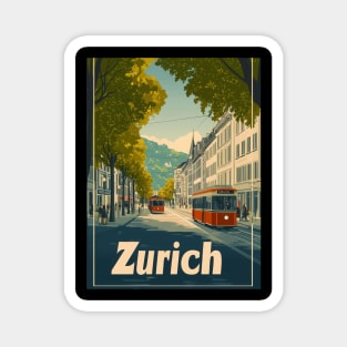 This vibrant travel poster showcases Zurichs classic architecture and picturesque streets, featuring red trams weaving through a lively Magnet