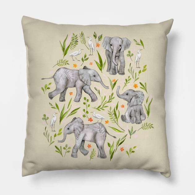 Baby Elephants and Egrets in Watercolor - neutral cream Pillow by micklyn