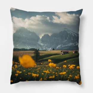 Yellow tulips and the mountain view Pillow