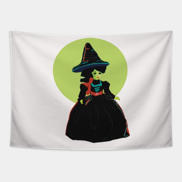 Cute little witch, Wicked Witch  Elphaba (Wizard of Oz) ready to go trick or treating. Tapestry by Peaceful Pigments