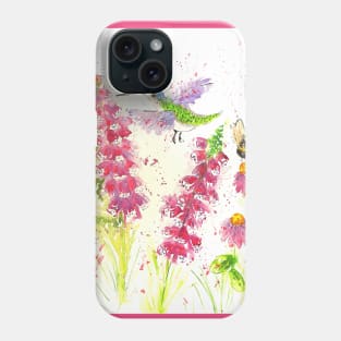 Colourful Hummingbird and a Bumblebee among Pink Flowers Phone Case