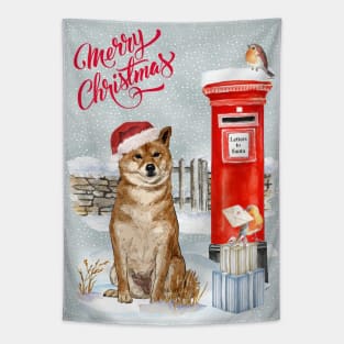 Shiba Inu Merry Christmas Santa Dog Holiday Greeting Tapestry