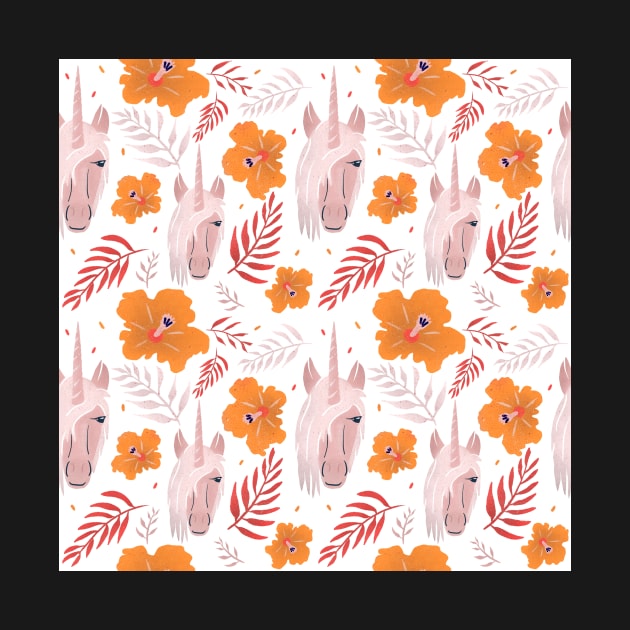 Unicorn and Hibiscus Orange White Floral Pattern by OneLook