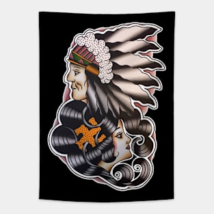 Native American with Lady Face Tattoo Design Tapestry