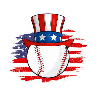 4th of July Baseball Lover American Flag Ball with Top Hat T-Shirt