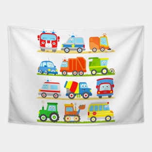 Vehicles with Tractor Digger Bus Ambulance Harvester Truck Police Car Fire Truck and Sweeper Tapestry