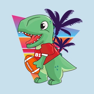 Cute green dinosaur playing American football, retro and palms background T-Shirt