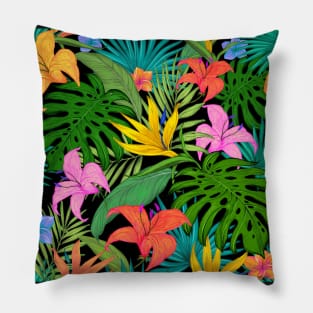 Tropical Floral & Leaves Bright Botanical Pattern Pillow