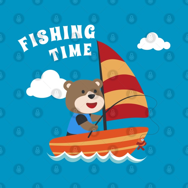 Vector cartoon illustration of cute bear fishing on sailboat with cartoon style. by KIDS APPAREL