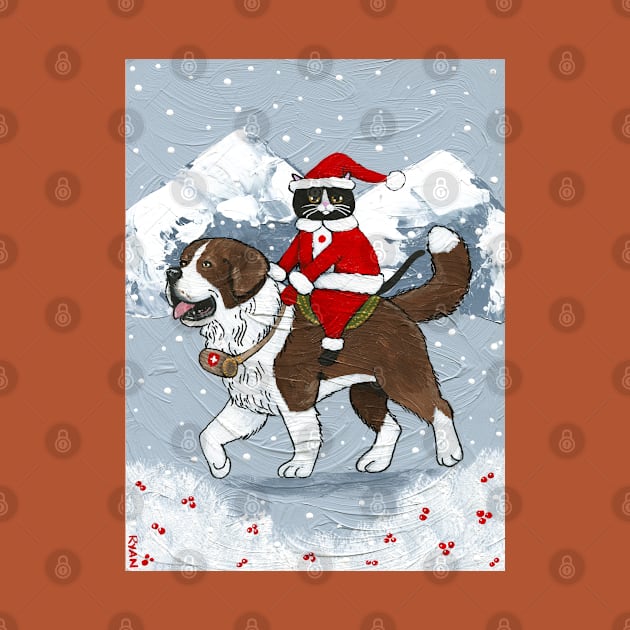 Christmas Cat Saint Bernard Ride by KilkennyCat Art