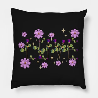 Love pink  roses on stems with gems and purple flowers black bg Pillow