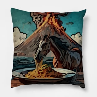 watercolor horse eating spaghetti by volcano Pillow