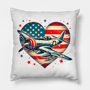 Retro july 4th Fighter Jet Airplane, American Flag Heart, Freedom Pillow