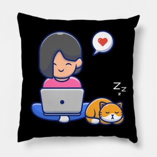 Cute girl operating laptop cartoon Pillow