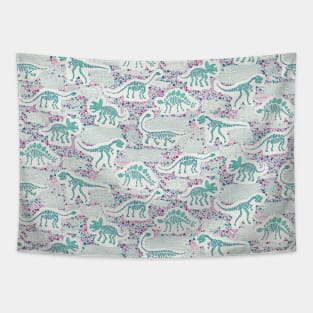 Dinosaur fossils pattern - aqua and pink on white Tapestry