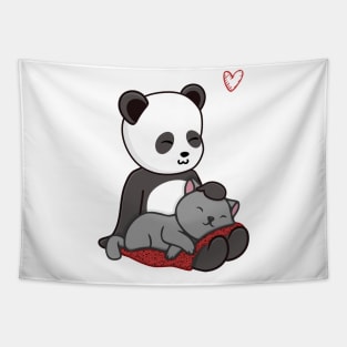 Cute Kawaii Chibi Panda Petting It's Pet Cat Tapestry