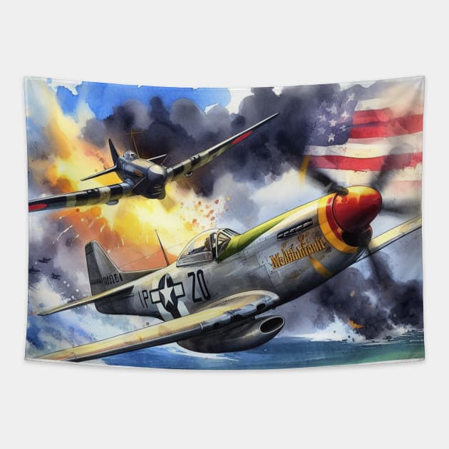 Fantasy illustration of WWII aircraft in battle Tapestry by WelshDesigns