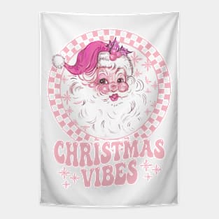 Pink Retro Santa Claus Christmas Vibes Checkerboard Pattern Tapestry