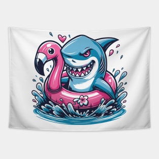 Shark & Flamingo Pool Party Summer Fun Beach Humor Tapestry