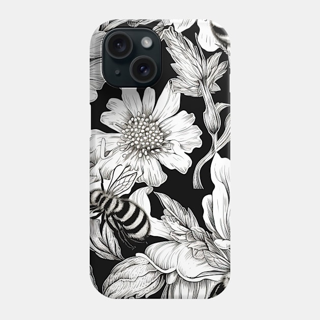 Bees Amidst Flowers Pen And Ink Engraving Phone Case by SubtleSplit