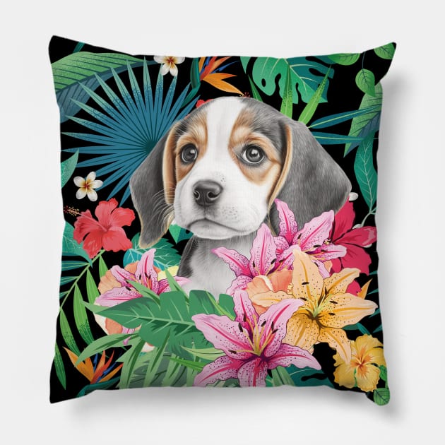 Tropical Beagle Puppy 1 Pillow by LulululuPainting