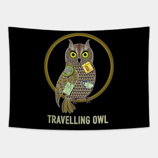 travelling owl, traveling owl art Tapestry