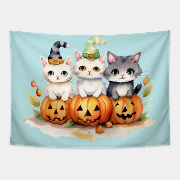 Cats, Pumpkins, and Halloween Hugs Tapestry by TooplesArt