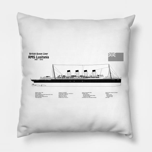 RMS Lusitania ship plans. Cunard Ocean Liner -  BDpng Pillow by SPJE Illustration Photography