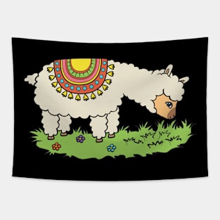 Alpaca eats grass on a meadow. Tapestry