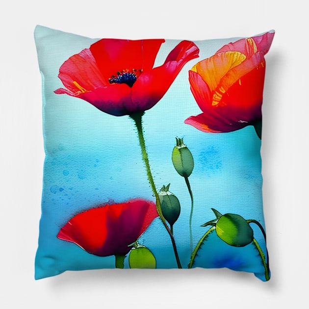 Spring Sky Red Poppy Flowers Digital Art (MD23Mrl001) Pillow by Maikell Designs